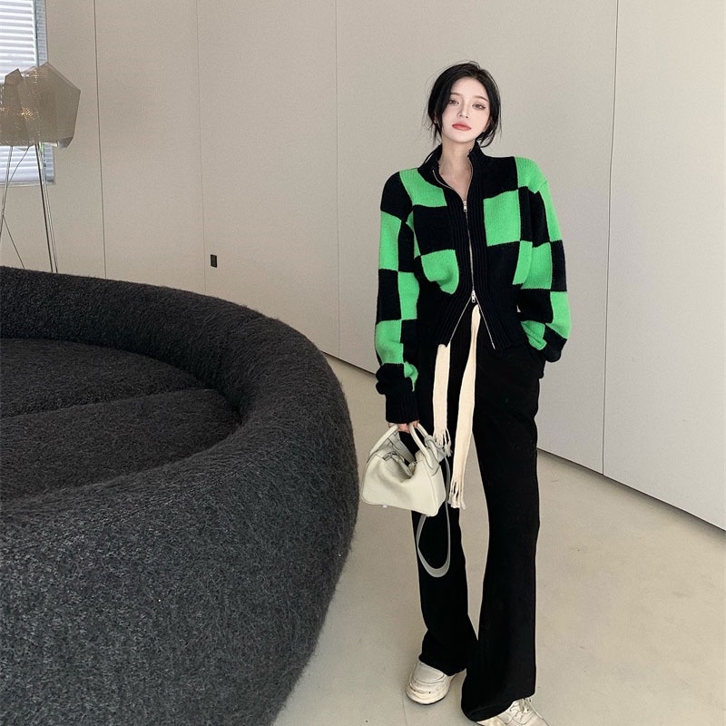 Áo Dệt Kim Tay Dài Cổ Đứng Có Khóa Kéo Họa Tiết Sọc Caro Phong Cách Hàn Quốc Thời Trang Cho Nữ