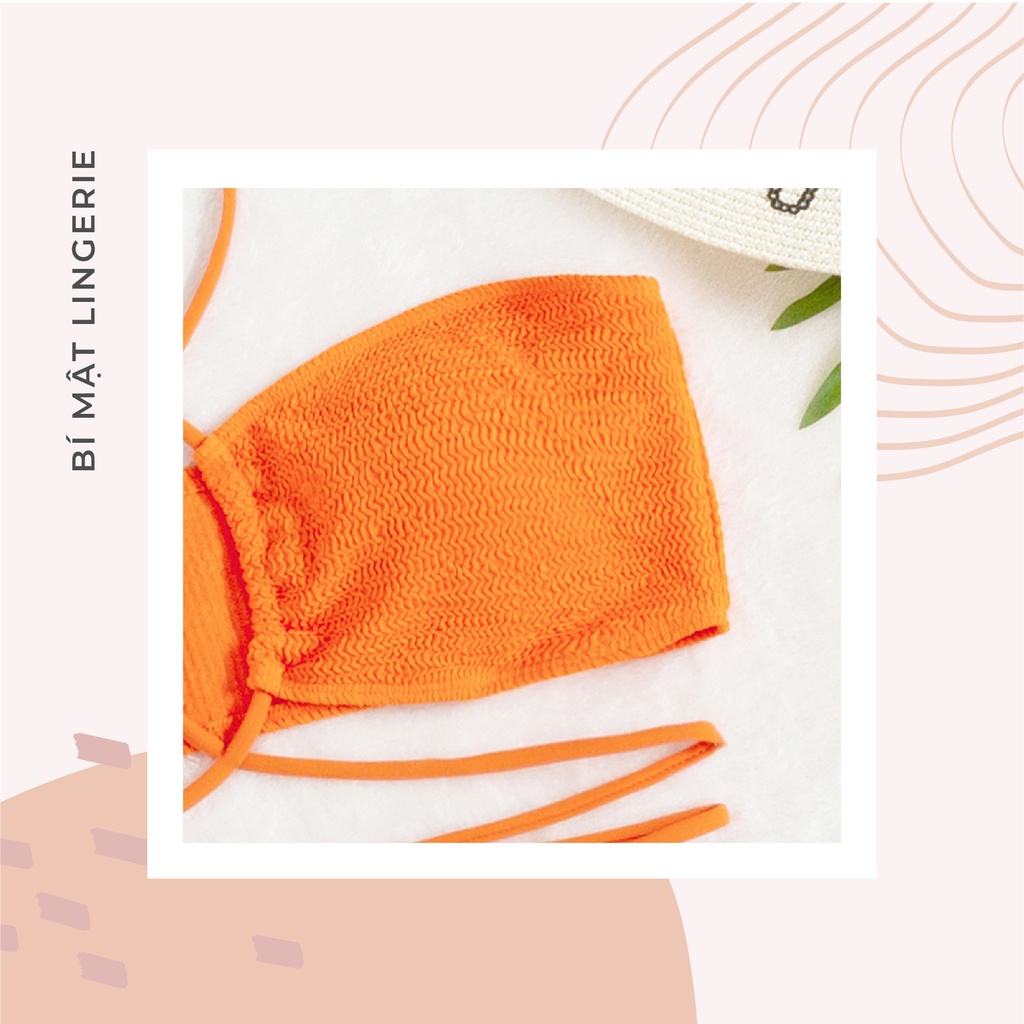 Set Bikini đồ bơi 3 mảnh buộc dây kèm váy quây màu cam rực rỡ tôn da sẵn hàng hot trend hè 2023