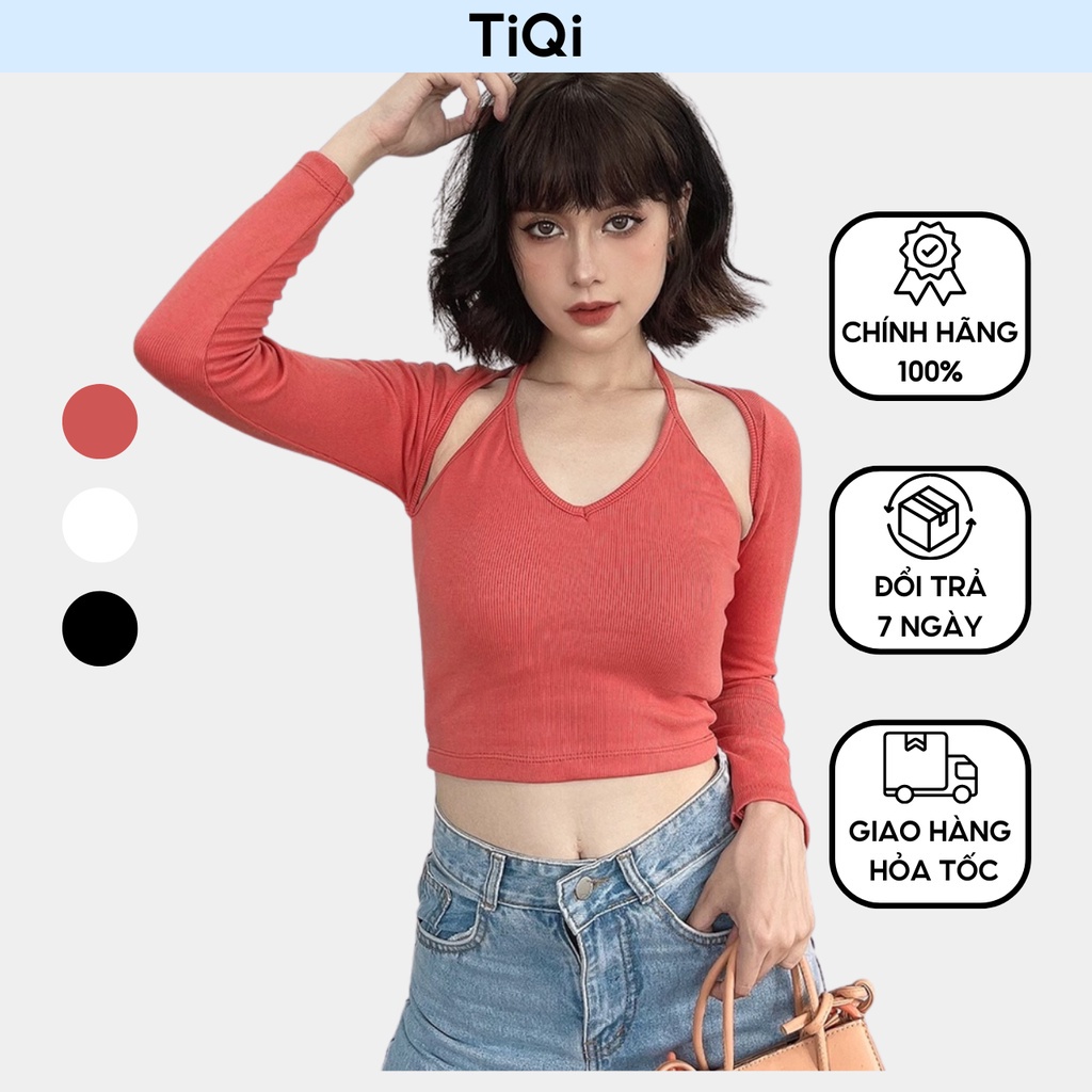 Áo croptop nữ dài tay ôm cổ yếm buộc dây hở lưng nhiều màu TiQi Jeans A-177