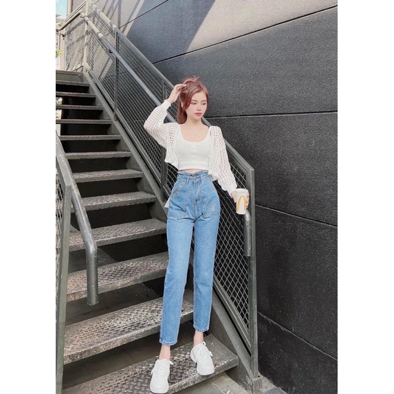 QUẦN JEANS BAGGY - ỐNG ÔM VỪA PHẢI - TÚI THÊU CHỮ VÀ LOGO CHA.NEL