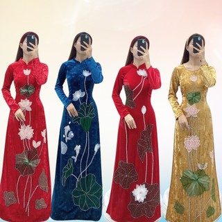 Áo Dài NHung Thêu Đính Kết Họa Tiết Hoa sen, Áo dài Hoa Sen , phù hợp cho các bà sui gia trẻ trung or đi dự tiệc cưới...