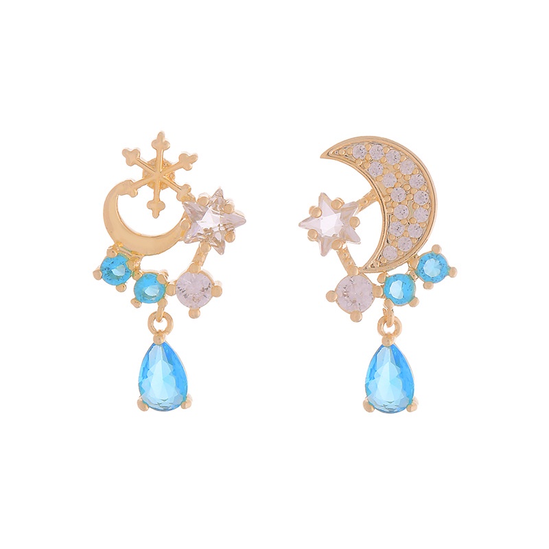 Bông Tai Bất Đối Xứng Hình Ngôi Sao Và Mặt Trăng Đính Đá Zircon Thời Trang Cho