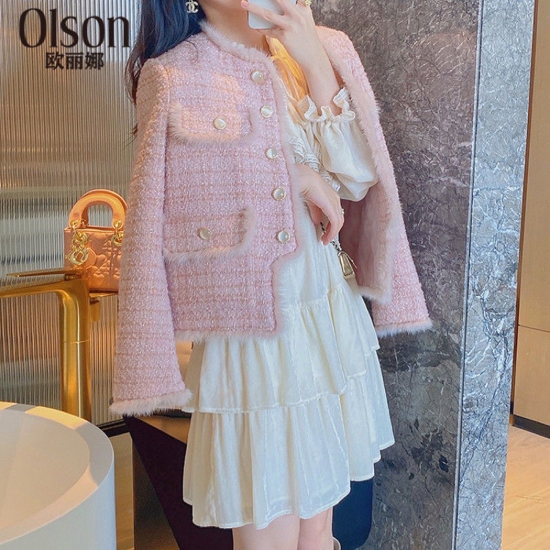 Áo dạ tweed màu hồng dáng ngắn pastel hàng quảng châu cao cấp-D01