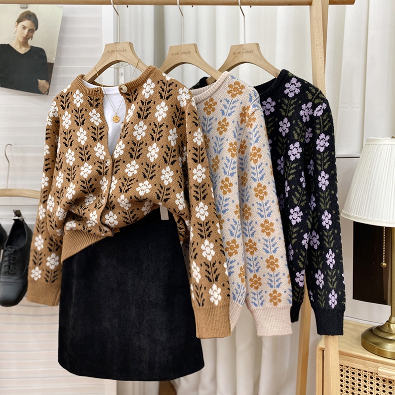 Áo khoác len nữ dệt kim dày dặn tay dài họa tiết hoa vintage, áo sweater cardigan nữ hàn quốc 9926