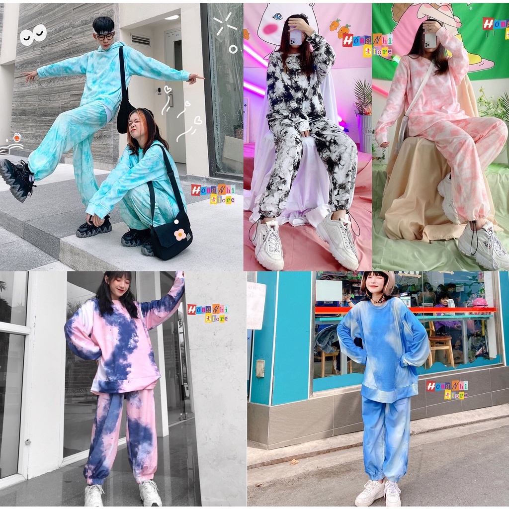 Set Bộ Áo Hoodie Zip Tie Dye Loang Màu Phối Quần Jogger 3D Dây Rút Cao Cấp Oversize Ulzzang Unisex - MM