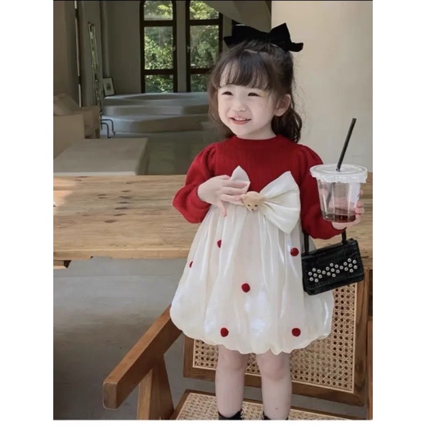(8-18kg) Váy xoè siêu bồng len phối voan nơ kèm gấu cho bé gái
