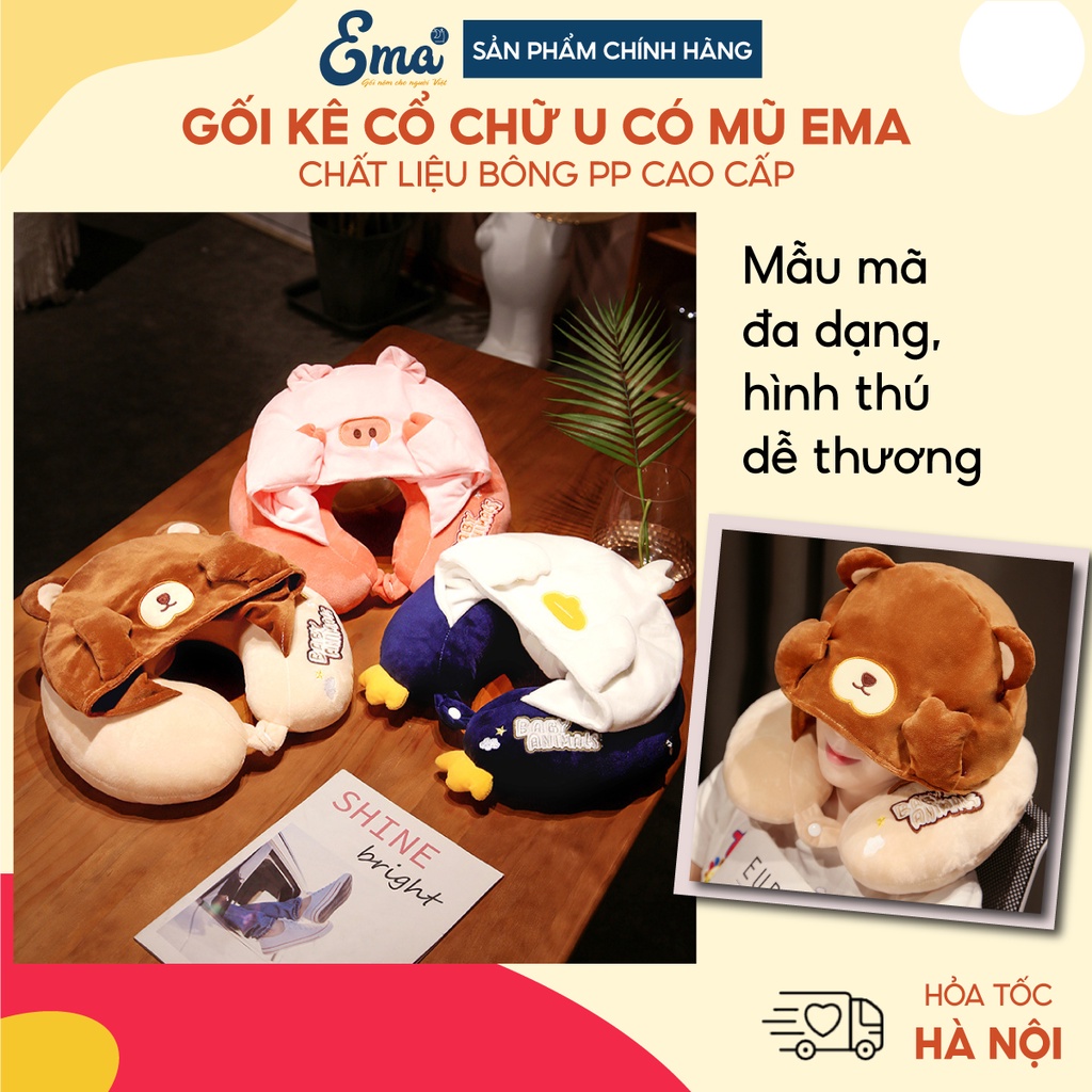 Gối kê cổ văn phòng chữ U Ema kết hợp mũ trùm hình thú dễ thương, giảm đau mỏi vai gáy, tạo cảm giác thư giãn thoải mái