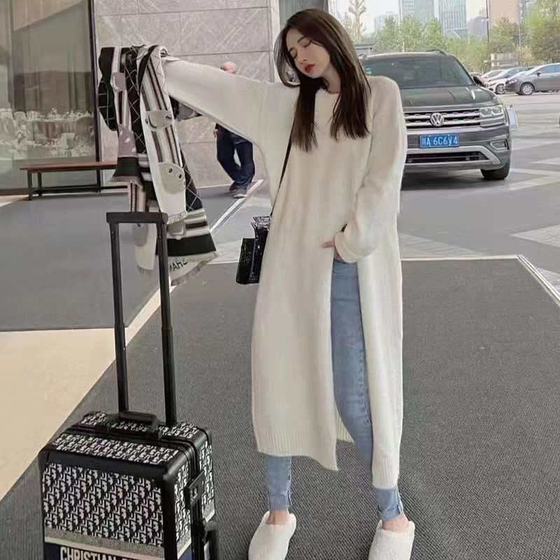 Đầm Len Nữ Dài Tay Cổ Tròn Xẻ Tà Thời Trang Hàn