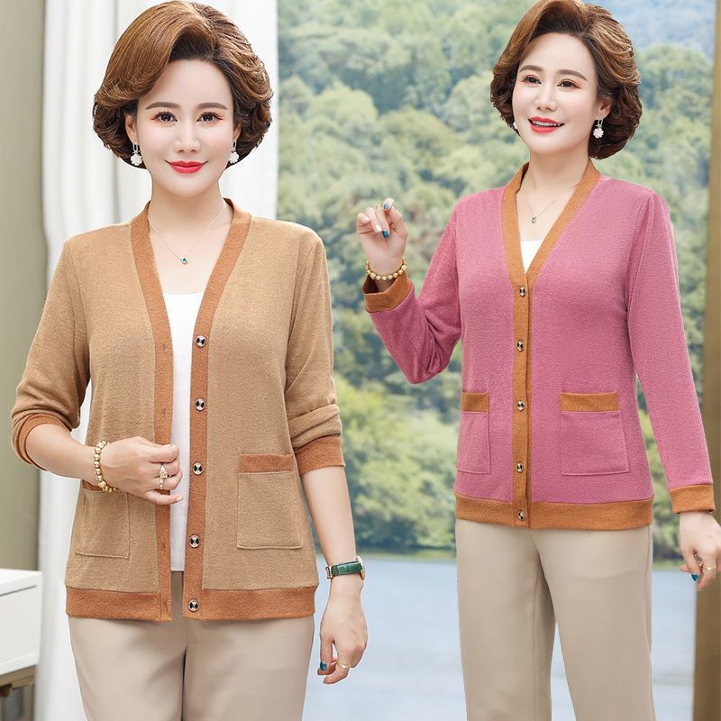 Áo khoác len dệt kim mỏng phong cách phương Tây mùa xuân và mùa thu của mẹ, quần áo phụ nữ trung niên 40 tuổi 50
