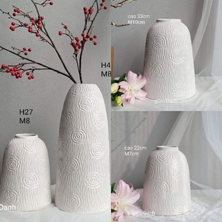 Bình hoa màu trắng khắc hoa hồng quanh bình gốm sứ Bát Tràng cao cấp loại 1