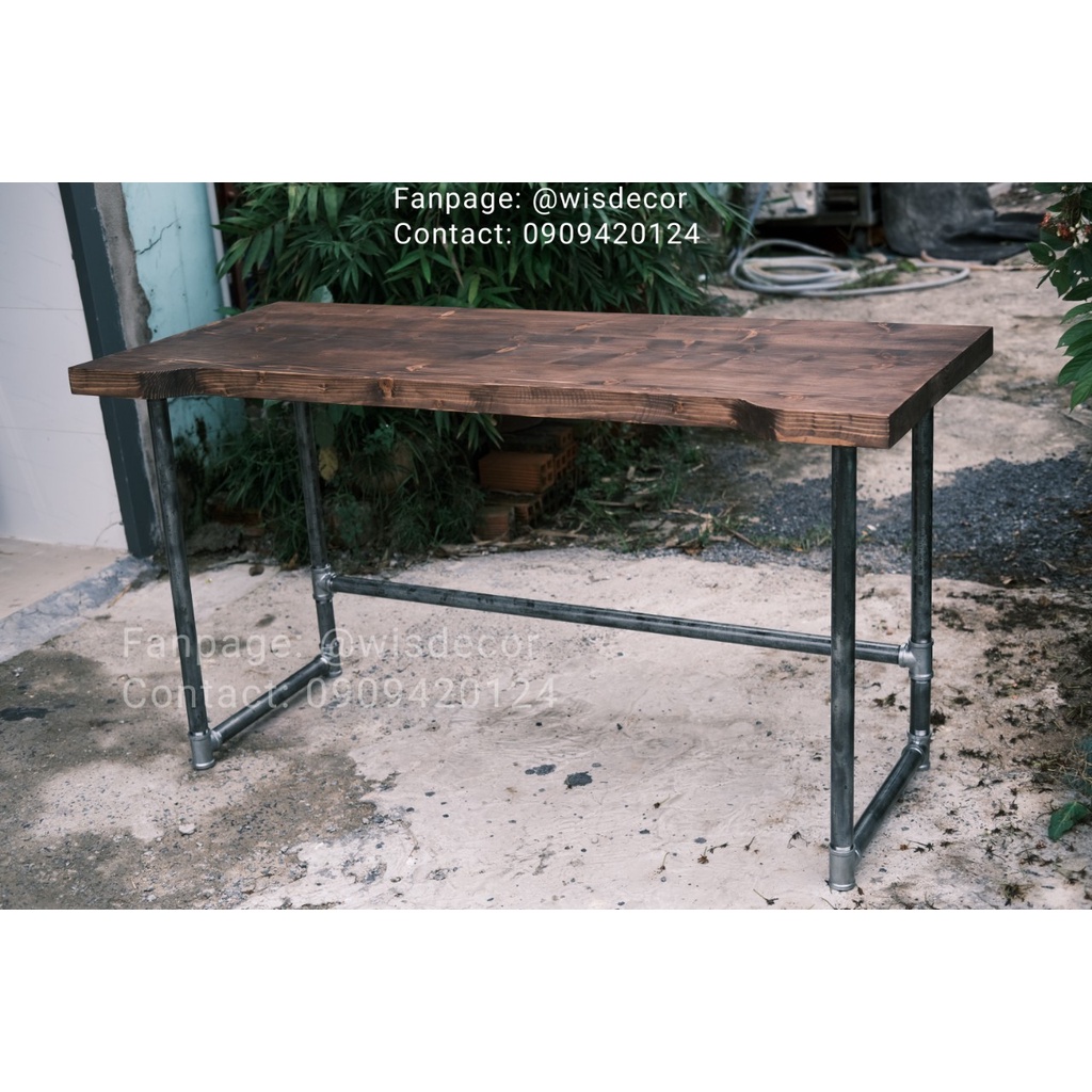 Bàn Làm Việc Bằng Gỗ Tự Nhiên Vintage - Hệ Khung Ống Sắt Dày Chắc Chắn Nội Thất Wisdecor