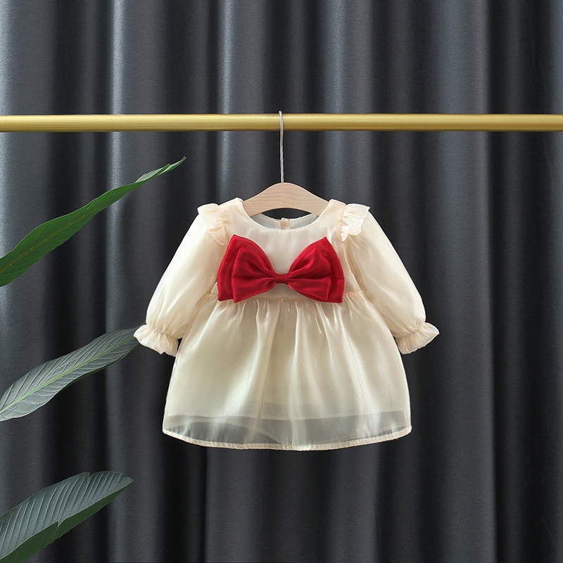 Twilight Đầm Dài Tay Đính Nơ Lớn Hai Lớp Màu Trơn Thời Trang Xuân Thu Cho Bé Gái Sơ Sinh Dự Tiệc Sinh Nhật