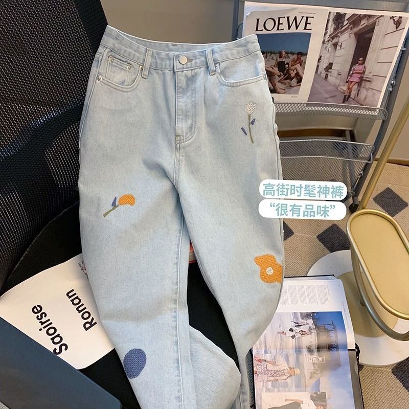 Quần Jean Dài Lưng Cao Ống Suông Thêu Hoa Thời Trang 2022 Cho Nữ