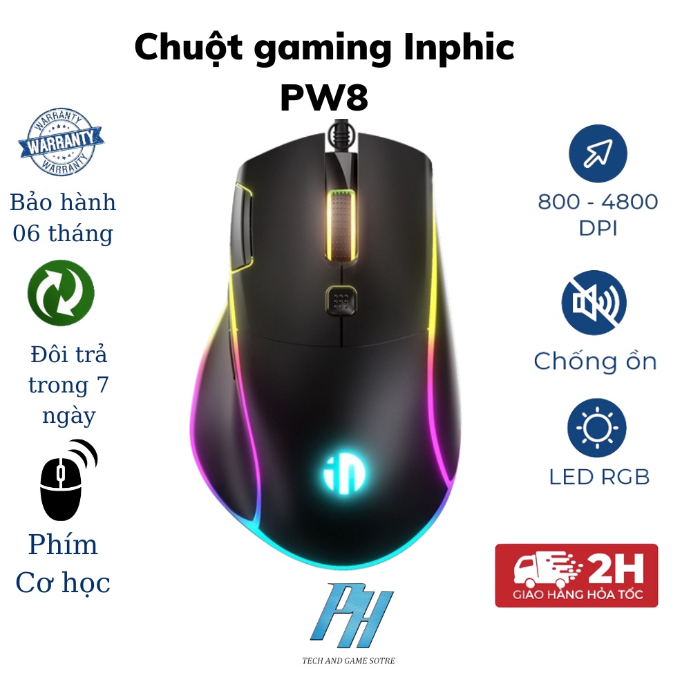 Chuột gaming có dây INPHIC PW8, chuột chơi game 7200 DPI 13 chế độ LED RGB, 7 phím chức năng - Hàng Chính Hãng