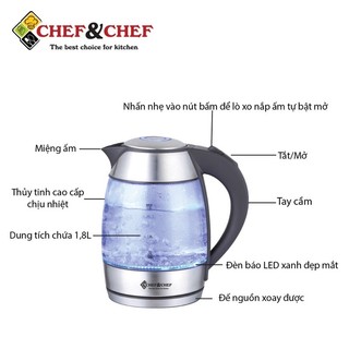 [CHÍNH HÃNG] Ấm đun siêu tốc | Ấm đun siêu tốc thuỷ tinh Chef&Chef