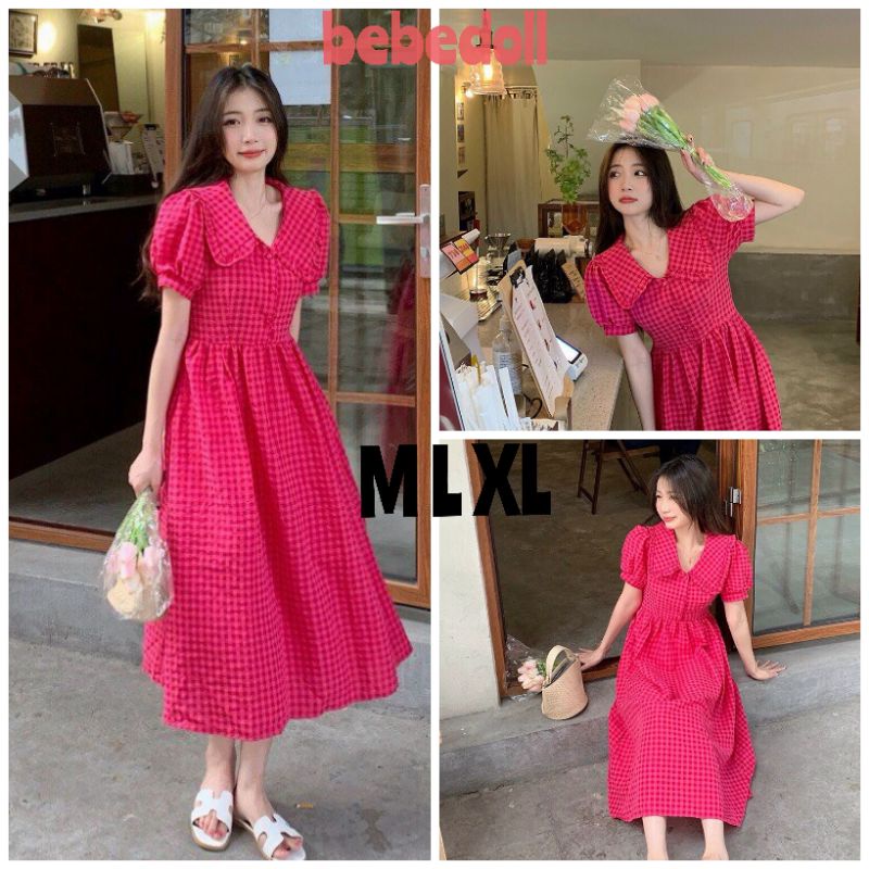Đầm Xòe Caro Cổ Sen Tay Phồng ,Váy Sơ Mi Kẻ Ngắn Tay Cổ Bèo Ulzzang Hàn ,Dáng Dài ,Dễ Thương M L XL
