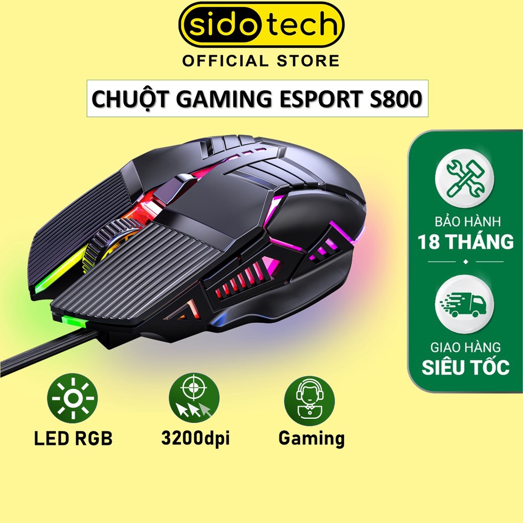 Chuột máy tính gaming có dây SIDOTECH S800 đèn led RGB 6 nút bấm 3200 DPI cho game thủ làm việc văn phòng - Chính hãng