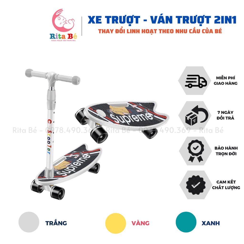 Xe scooter đa năng kiêm là ván trượt cho bé sử dụng từ 1,5 tuổi 4 bánh to phát sáng vĩnh cửu gấp gọn chịu lực 70kg