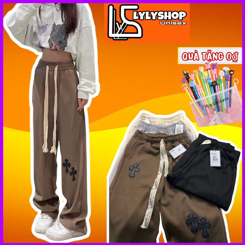 Quần ống rộng nỉ tăm Lylyshop Unisex thêu chữ thập chất vải nỉ gân nhung tăm loại 1