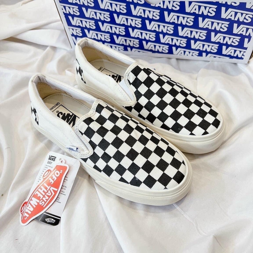 Giày thể thao vanz, van caro dây, giày vans dán caro  lười đen trắng nam nữ