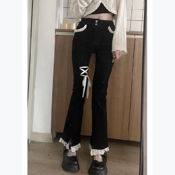 Jiashucheng Quần Jean Ống Rộng Xẻ Tà Phối Ren Phong Cách Hàn Quốc Ngọt Ngào Thời Trang Mùa Thu Mới Cho Phụ Nữ Tuổi Trung Niên