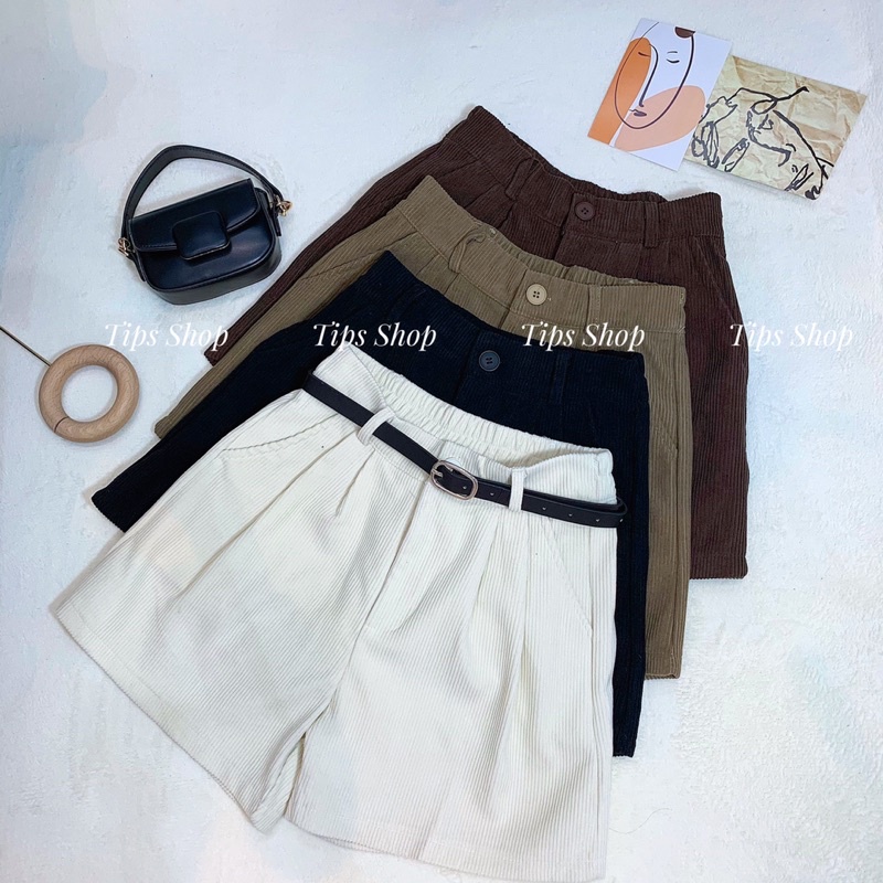 Quần short cạp cao kèm đai chất nhung gân