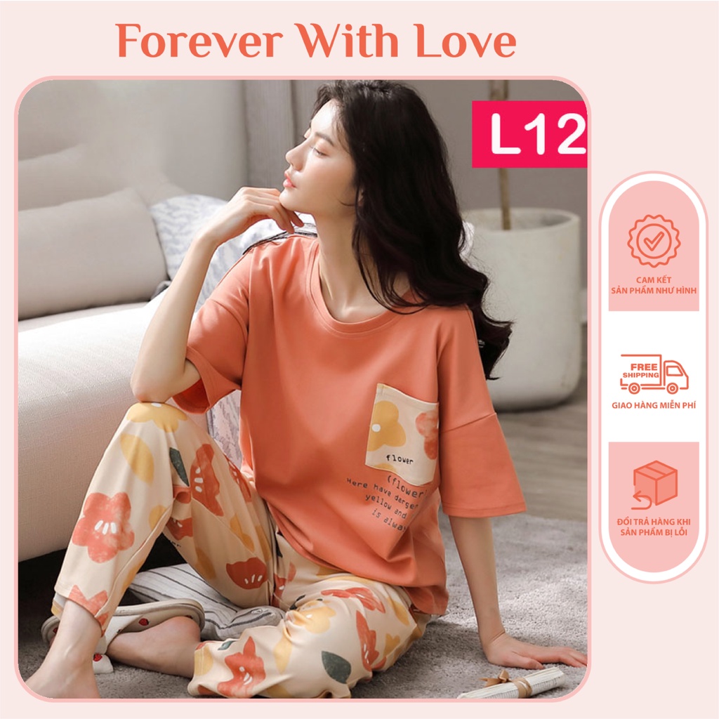 Đồ Bộ Nữ Mặc Nhà, Bộ Ngủ Cotton Áo Cộc Quần Dài Mát Thời Trang Forever With Love