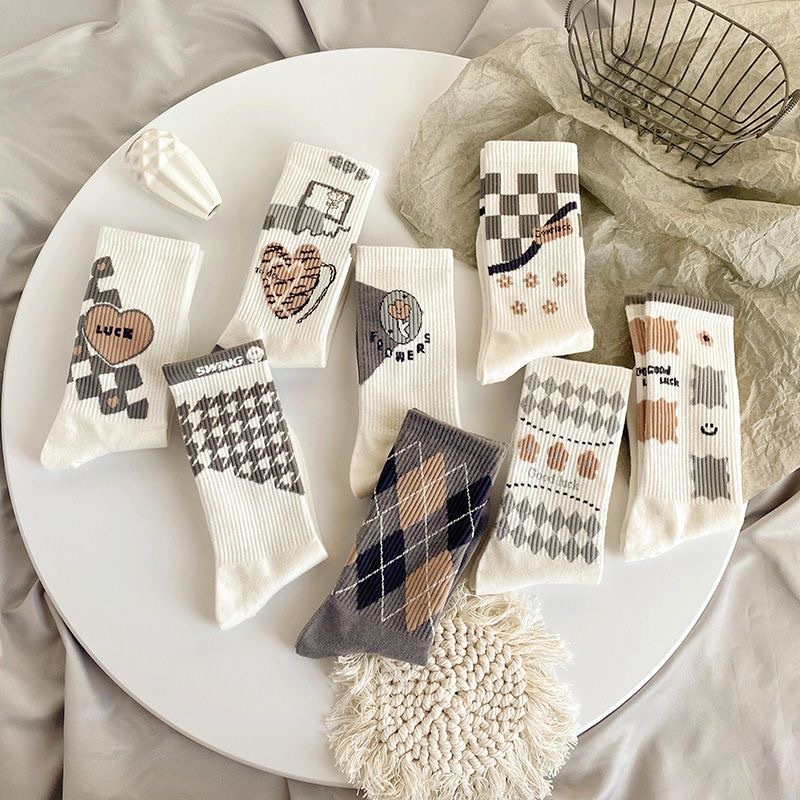 Tất Vớ Nữ Cổ Cao Loại Dày Cotton Mịn Hình khối Phong Cách Nhật Bản - Mã D2R13