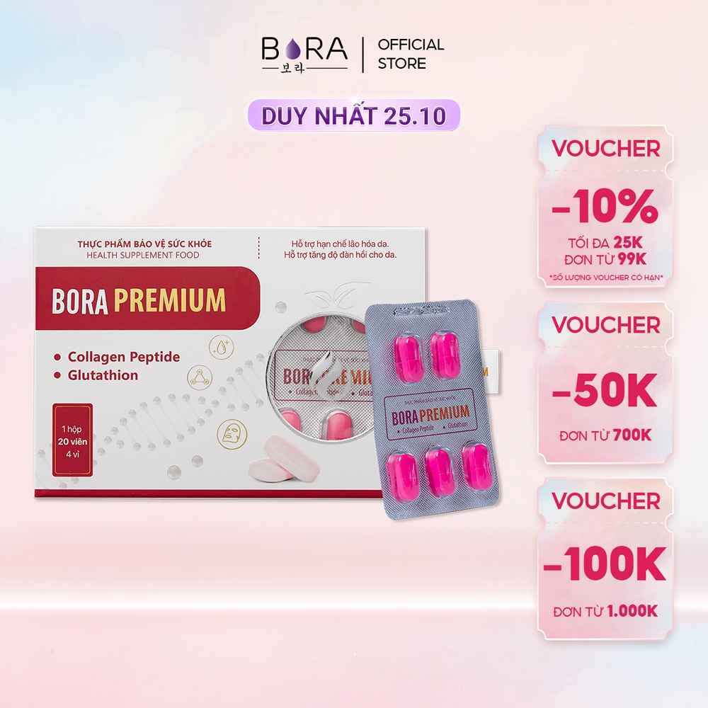 Viên uống trắng da Bora Premium giúp trẻ hóa và sáng mịn làn da hộp 4 vỉ 20 viên