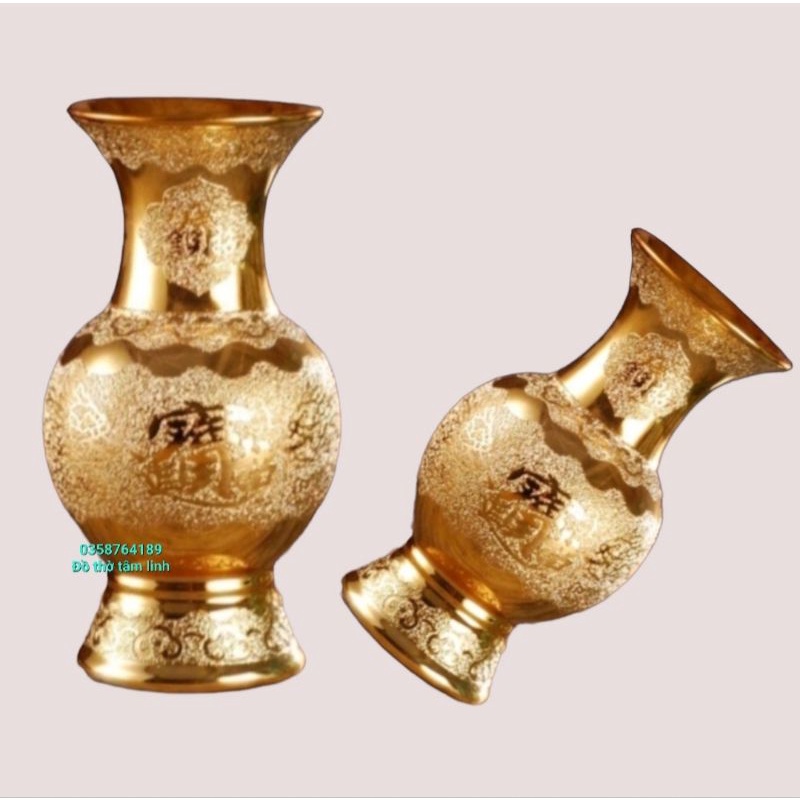 Bộ Bình Bông Cắm Hoa Hàng Kim Sa Vàng Cao Cấp-Vật Phẩm Thờ Cúng