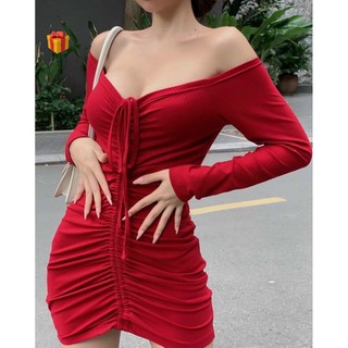 đầm body tay dài trễ vai rút giữa dài sexy chất thun gân