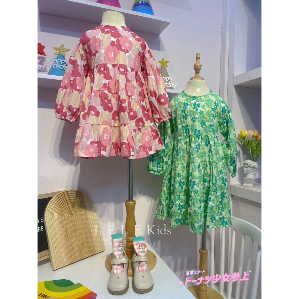 Váy hoa hồng/ xanh hot hit 2022 thô cotton dài tay cho bé gái 8-30kg