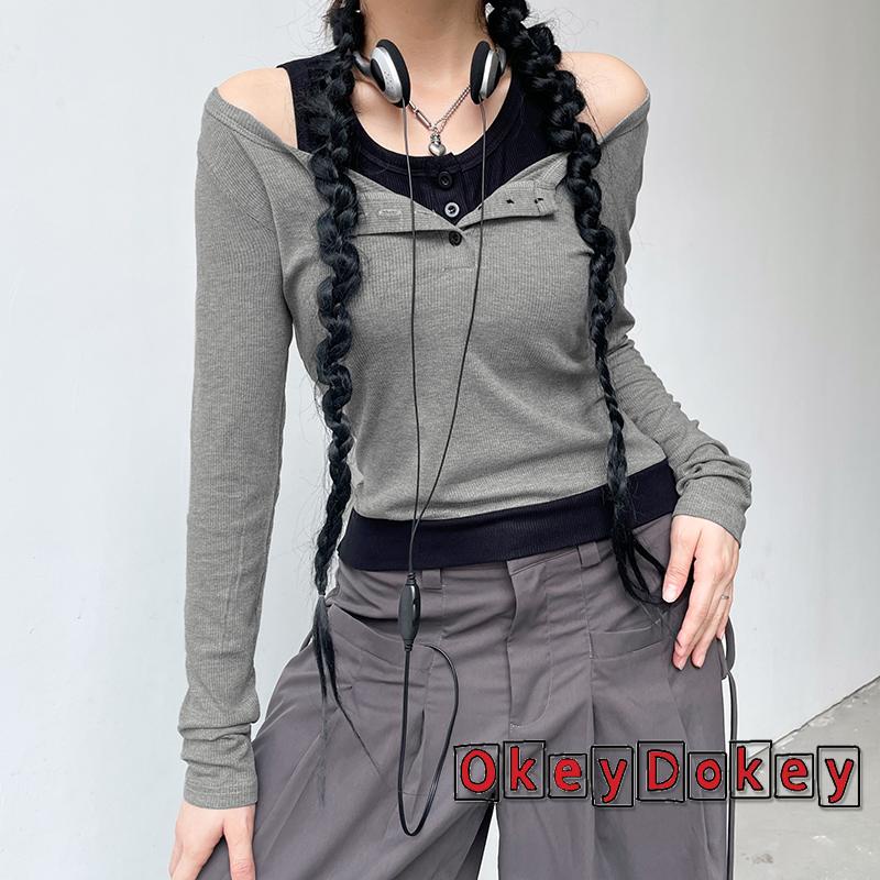 Áo Thun Tay Dài Hở Vai Phối Nút Thời Trang Đường Phố Cho Nữ Y2K