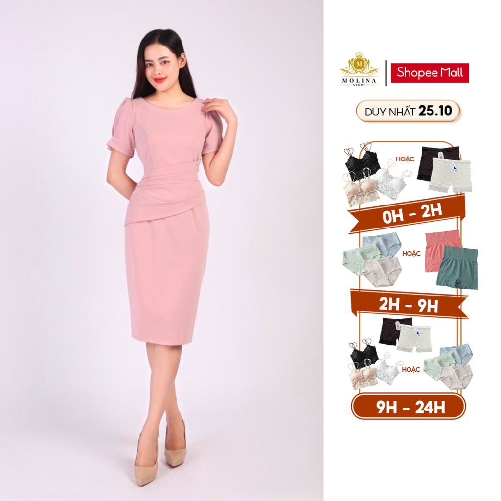 Đầm Thiết Kế Dáng Bút Chì Nữ Molina Tay Bồng Xếp Ly Eo Đính Ngọc, Chất Liệu Thun Da Hàn Cao Cấp