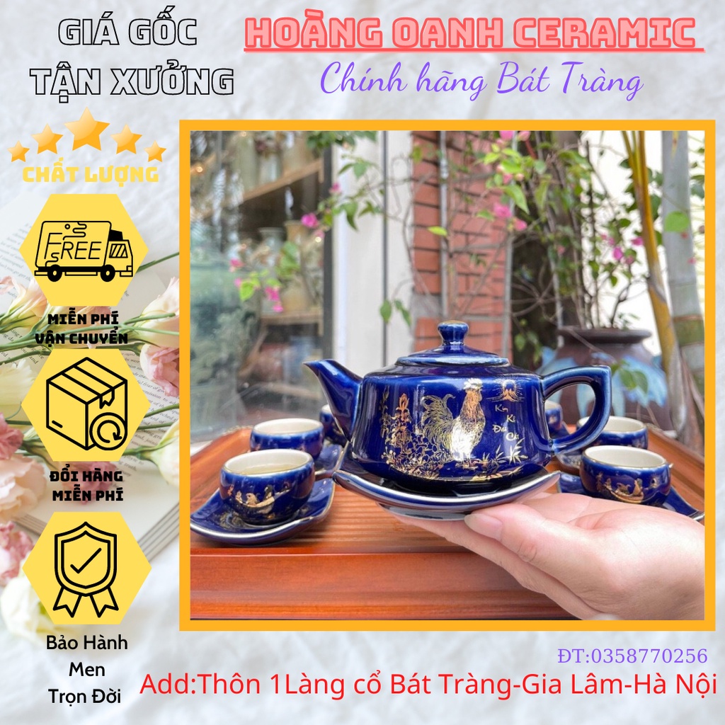 Bộ Ấm Chén Pha Trà Bát Tràng-hàng nhà lò giá tận gốc,men Xanh Hoả Biến vẽ vàng Kim Kê Đại Cát,dáng ấm Tre