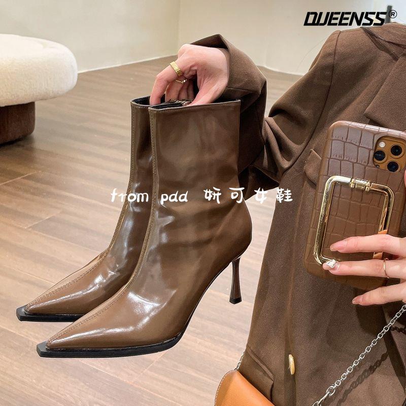 Giày Bốt Cao Gót Mũi Nhọn Chất Da Bóng Quyến Rũ Phong Cách Retro 2022 Cho Bạn Gái