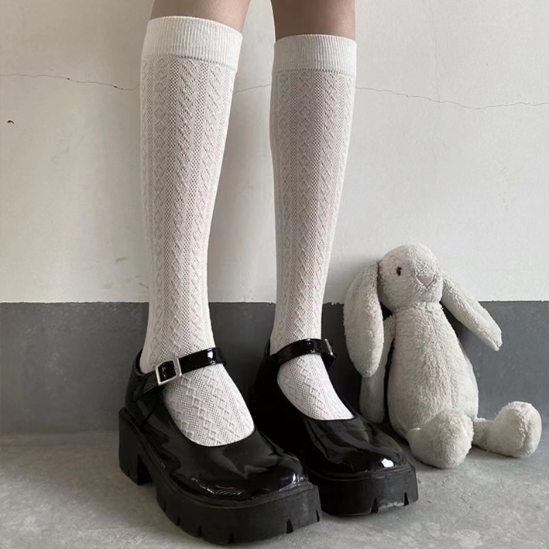 Vớ Dài Qua Gối Phối Ren Mỏng Họa Tiết Xoắn Kiểu Retro Preppy JK Màu Trắng Đen Cho Nữ