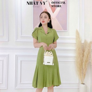 Váy Đi Chơi NHẬT VY Cổ Vest Tay Ngắn Đắp Chéo Nút Bọc Phối Đuôi Cá Màu Xanh, Đen, Tím - D2405