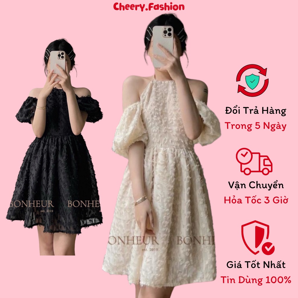 Váy Cổ Yếm Trễ Vai Lông Vũ Bông Nổi Cao Cấp Siêu Đẹp Tôn Dáng Cheery.Fashion 1196