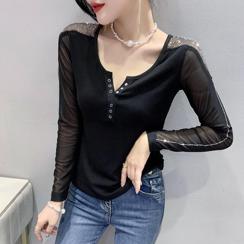 Áo Tay Dài Phối Lưới Kẻ Sọc Thiết Kế Mới Cho Phái Nữ