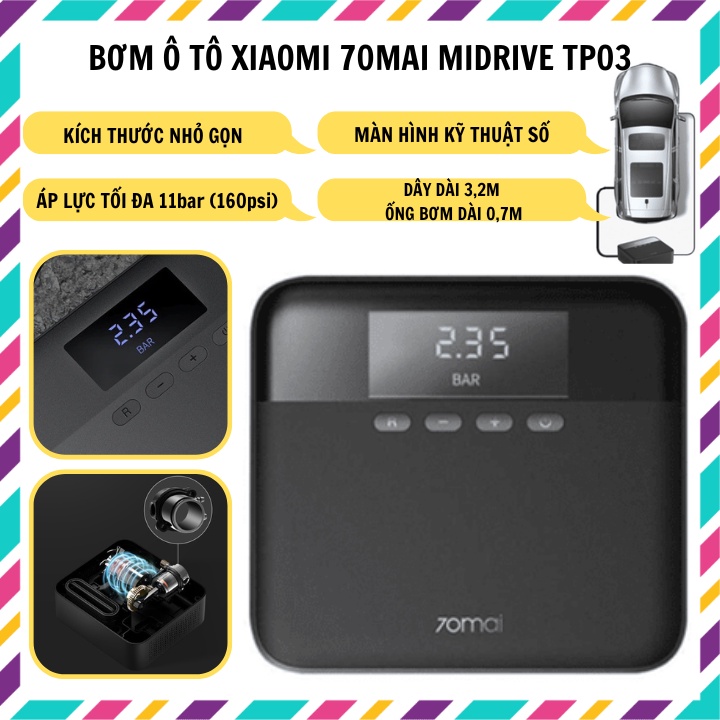 Bơm lốp ô tô Xiaomi 70mai Midrive TP03, đồng hồ điện tử đặt áp suất tự ngắt