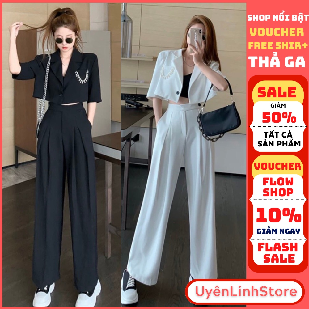 Set vest dáng croptop mix quần ống rộng cạp cao túi đính dây cườm sang chảnh đi chơi,đi tiệc siêu xinh - Uyên Linh Store