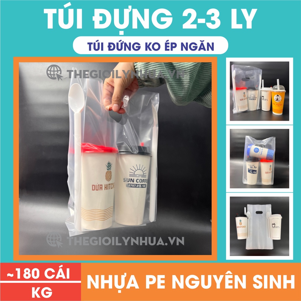 1Kg túi đựng 2 ly, túi đựng 3 ly, bọc đựng ly mang đi, túi đựng cốc nhựa trà sữa đựng được 2 ly, 3 ly, ly 1 lít