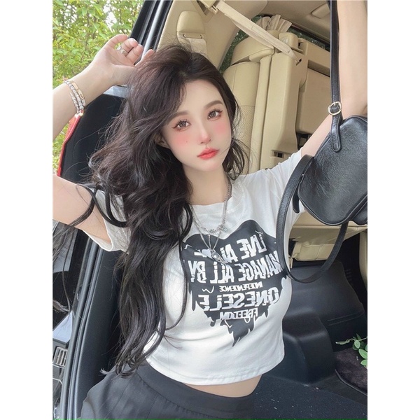 Áo croptop nữ ôm body cổ tròn tay ngắn phong cách hàn quốc in hoạ tiết trái tim lửa