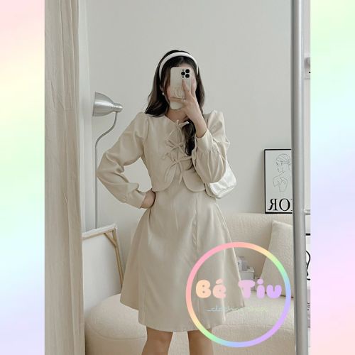 Đầm Váy Nhung Tiểu ThưCổ Tròn Cột Nơ Tay Dài Thời Trang Nữ Hàn Quốc | Bé Tiu Clothing