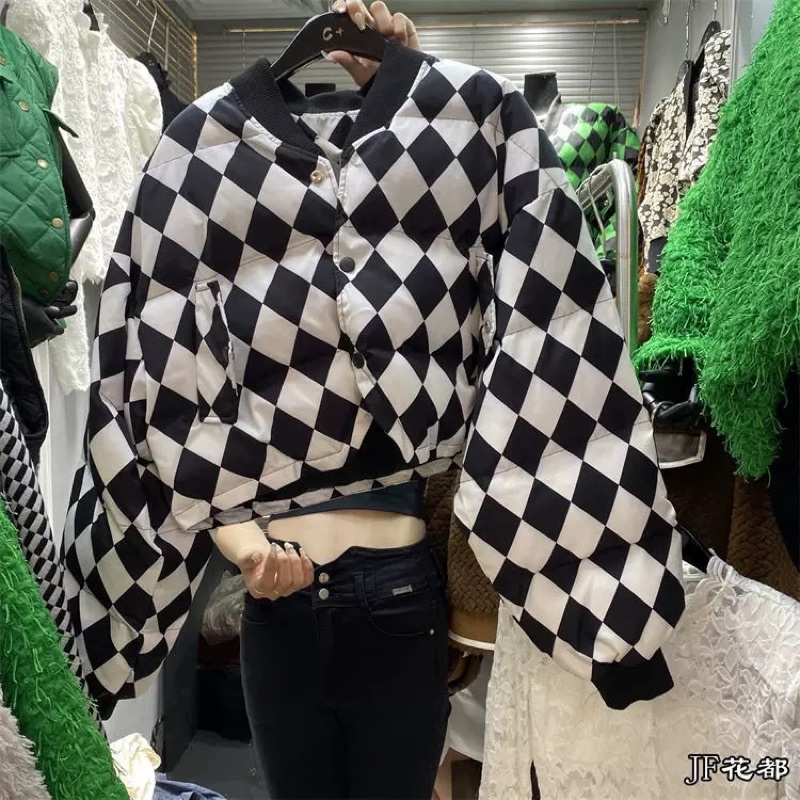 Áo khoác phao caro dáng ngắn croptop