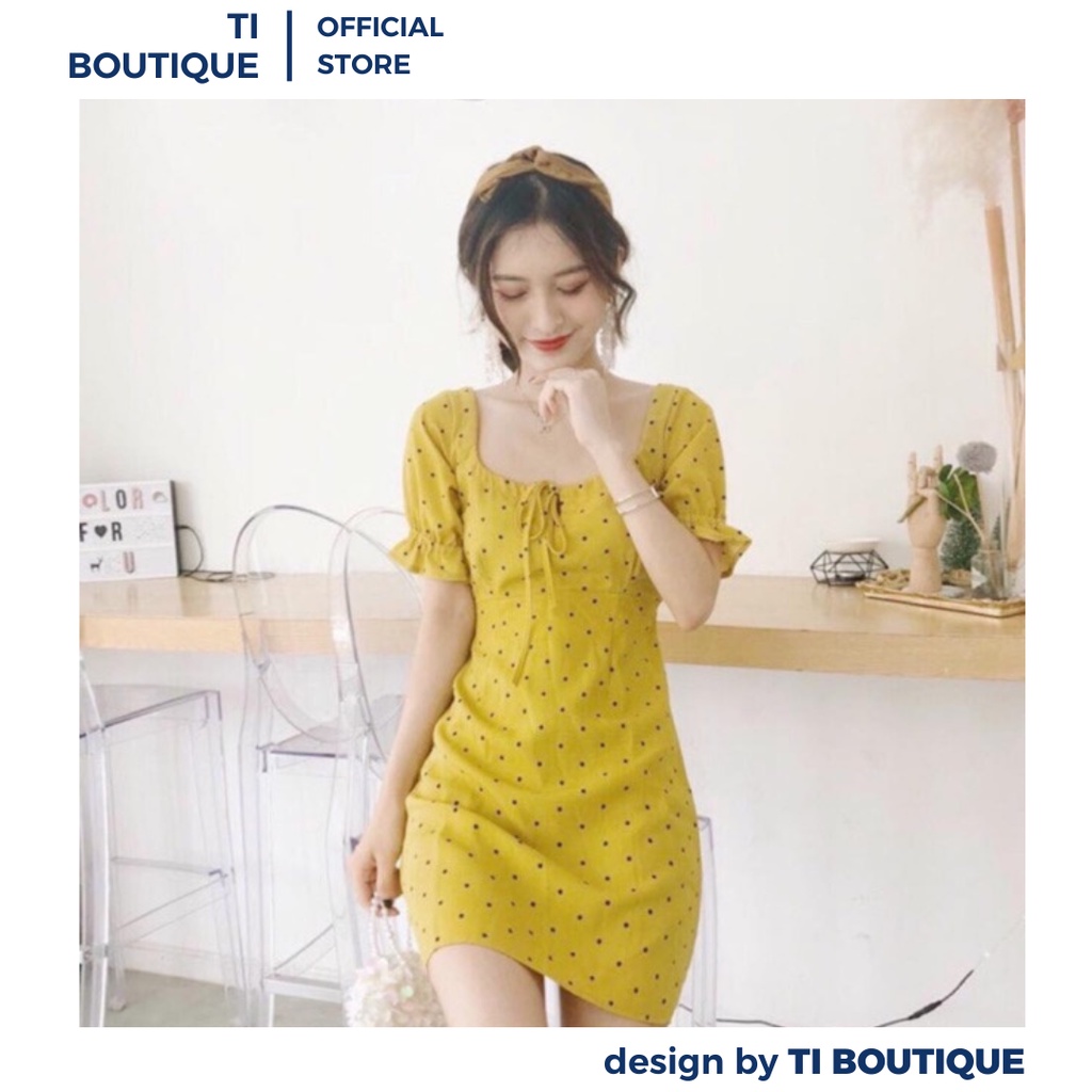 Đầm Cổ Vuông Phối Dây Cột Nơ Ngực Tay Phồng Bèo Nhún Sang Chảnh, Đầm Váy Xinh Dáng Xinh Họa Tiết Chấm Bi
