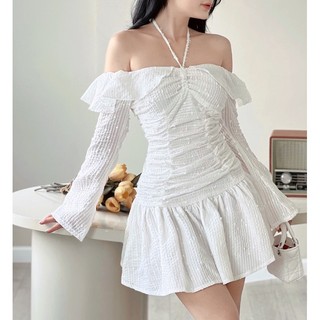 Đầm trắng dún eo tay dài trễ vai huol.oi_store