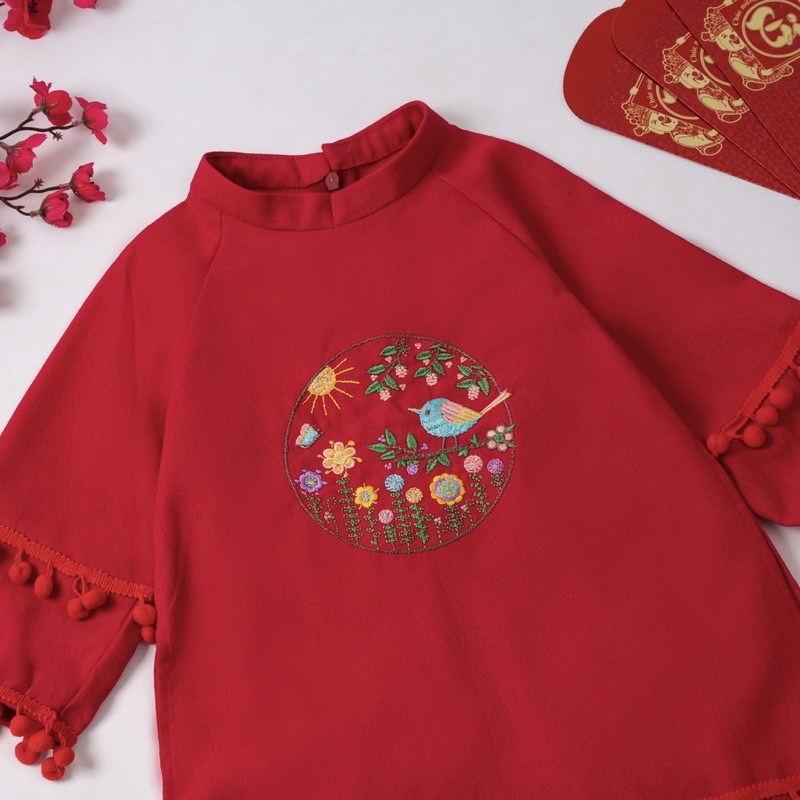 Áo Dài Tết cho bé gái. Chất Vải linen thêu hoa nổi xinh xắn, full Size 9-40kg