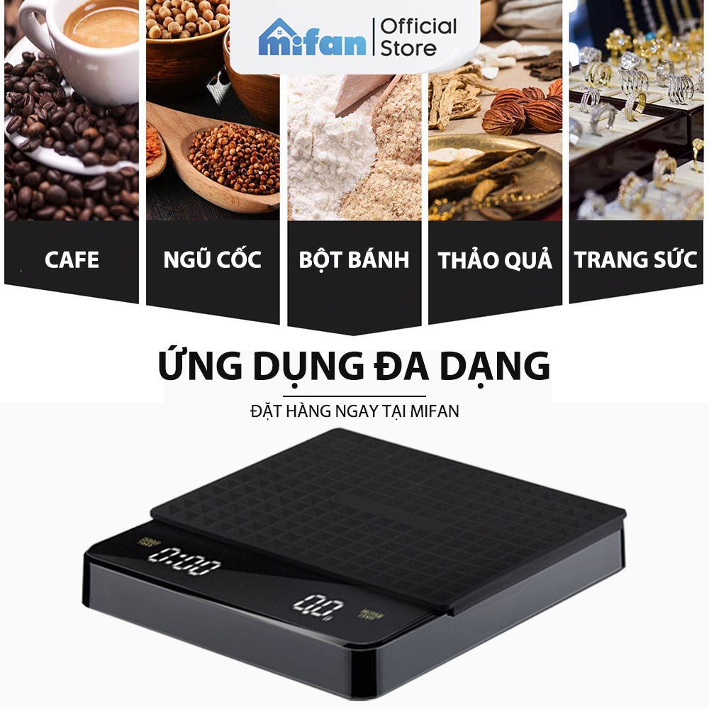 Cân Điện Tử Mini Pha Cà Phê MIFAN Coffee Scale 0.1g - 3kg - Có đồng hồ đếm giờ, chịu nhiệt cao, nhỏ gọn, siêu chính xác